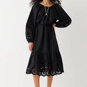 J. Crew Black Eyelet Long Sleeve Midi 100% Cotton Dress size M